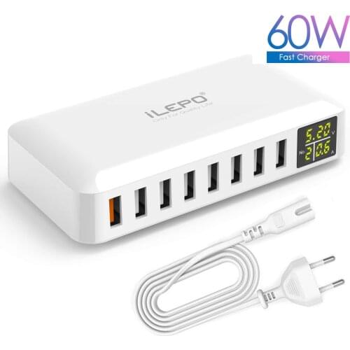 ILEPO 60W 8 Ports Fast Charger 9V 2A QC3.0 Quick Charge For iPhone iPad Samsung Kindle With EU AU UK US Cable Digital Display