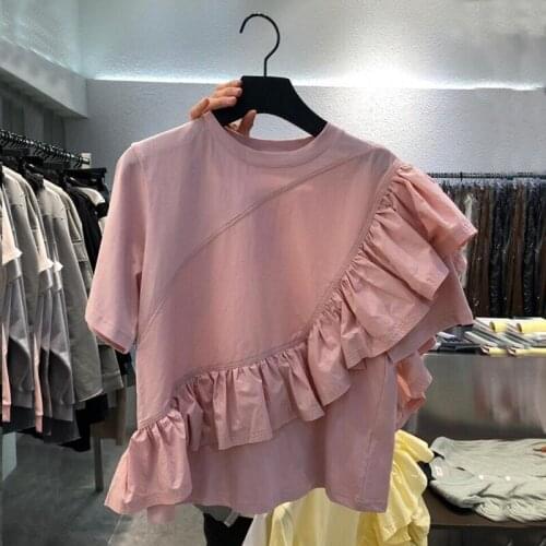 Ropa De Mujer Stitching Ruffles Short Sleeve T-shirt Female Summer Top Round Neck Loose Tee Shirts Top Blusas Mujer Nancylim