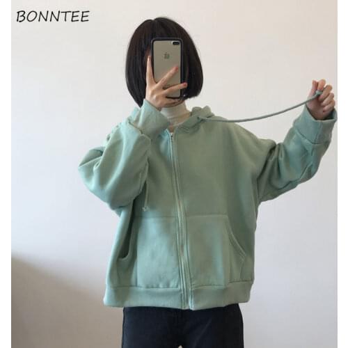 Hoodies Women Hooded Front Pocket Zipper Plus Velvet Thicker Preppy Style Ins Trendy Outerwear Ulzzang New All-match Autumn Chic