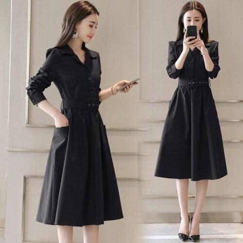 Dresses Womens Long 2020 Spring Fashion Lapel Long-sleeved Waist Temperament Vestidos A-line Dress Female Spring Cothing Z797