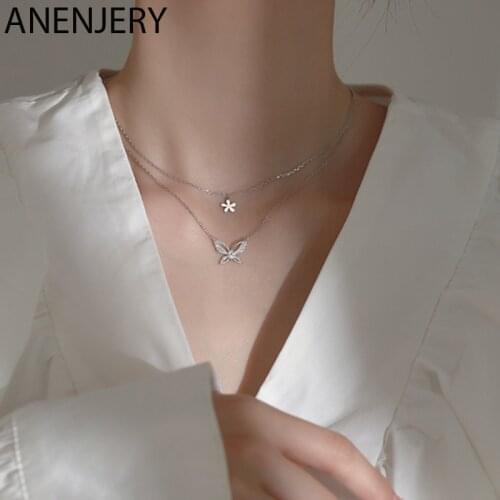 ANENJERY 925 Sterling Silver Shiny Zircon Butterfly Flowers Necklaces for Women Exquisite Chain Light Luxury French Jewelry