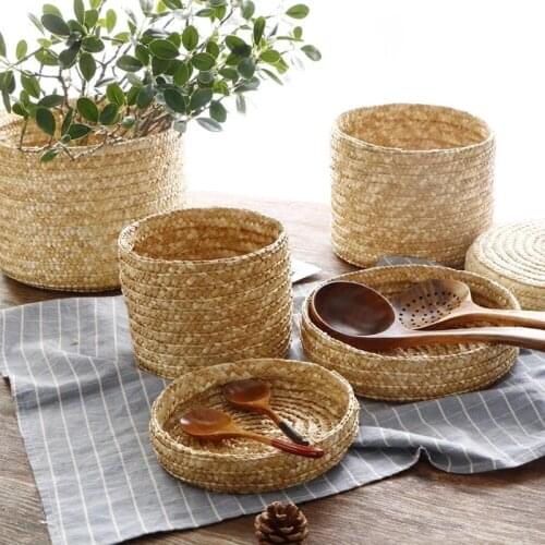 1PC Hand-Woven Storage Basket Wheat Straw Woven Storage Bucket Desktop Container With Cover Home Crafts Decoration