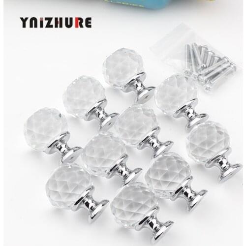 10Pcs 30mm Crystal Ball+Zinc Alloy Furniture cupboard wardrobe Cabinet Drawer Dresser Door Pulls Knobs Handles with screw