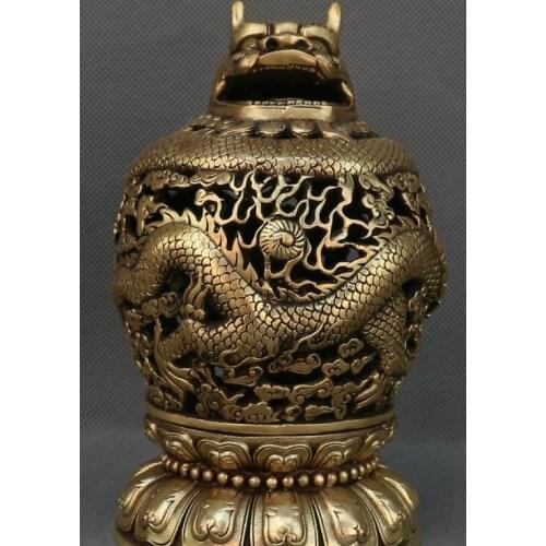 7" Rare Marked Chinese Bronze Dynasty Loong Dragon Lotus Incense Burner Censer