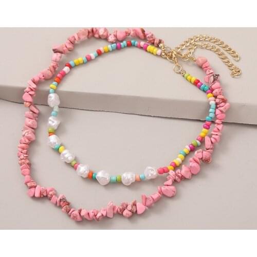 2Pcs/Set Bohemian Multicolor Beads White Pearl Beaded Necklaces For Women Boho Pink Natural Stone Necklace Party Jewelry Gifts