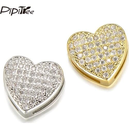 Pipitree Solid Pave Setting CZ Zircon Jewelry Slider Beads for Mesh Bracelet Making DIY Heart Charms Beads Handmade Accessories