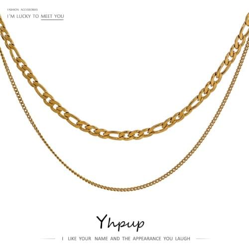 Yhpup 2021 Stainless Steel Chain Neckalce Fashion 18 K Metal Double Layered Necklace Jewelry for Women Summer Bijoux New Gift