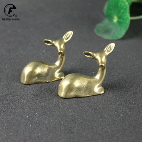 Pure Copper Lying Sika Deer Figurines Miniatures Small Desktop Ornament Vintage Brass Mini Animal Statue Tea Pet Home Decoration
