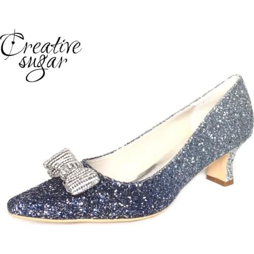 Creativesugar low heel 3D metallic Gradient light blue glitter party prom night club red carpet pointed shoes with crystal bow