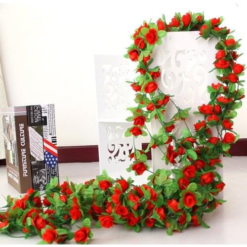 Artificial Silk Roses Flower Rose Garland Wedding Home Wall Decoration Faux Plants Leaf Vine Decorative Fake Plastic Ivy Hanging