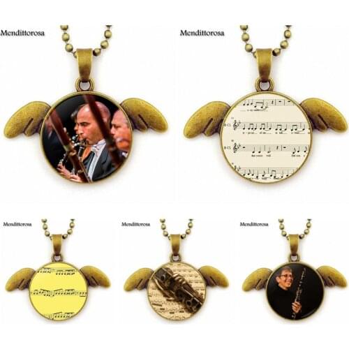 Clarinet And Music For Women Choker Glass Cabochon Jewelry Choker Long Bronze Angel Wings Pendant Statement Necklace