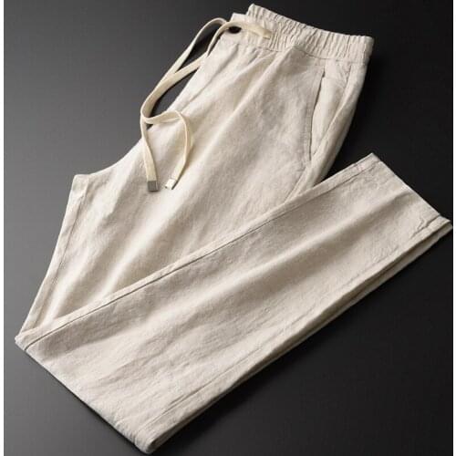 Classic 100% Linen Mens Pants Luxury Breathable Drawstring Casual Male Pants Plus Size 4xl Elastic Waist Slim Fit Mens Trousers