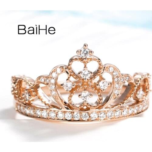 BAIHE Solid 14K Rose Gold 0.32ct Natural Diamonds Wedding Band кольцa кольцo Women Trendy Fine Jewelry princess Crown Ring women