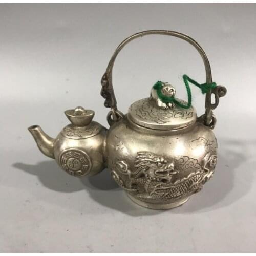 Collection Chinese Carving Cupronickel Handmade Old Tibet Silver Handwork yuanbao gourd Dragon pot teapot collection Statue