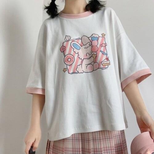 Summer Anime Harajuku White Tshirt Kawaii Ice Cream Little Rabbit Pattern Casual T shirts Women Loose Oversized T-shirts Top Y2k