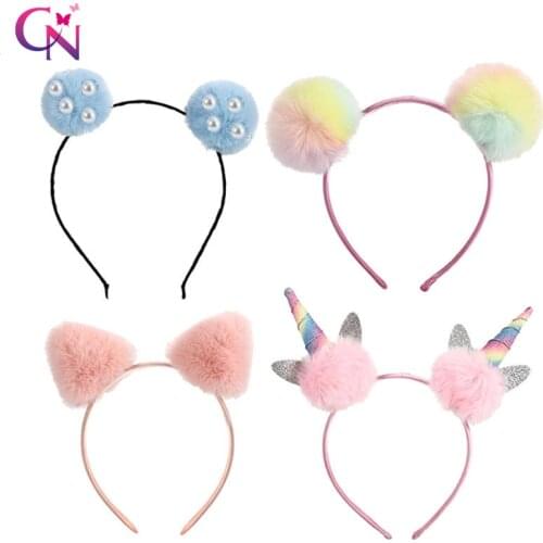 CN Cute Solid Color Panda Ears Hair Bands For Girls Kids Colorful Fluffy Pompom Ball Unicorn Headband Fashion Hair Accessories