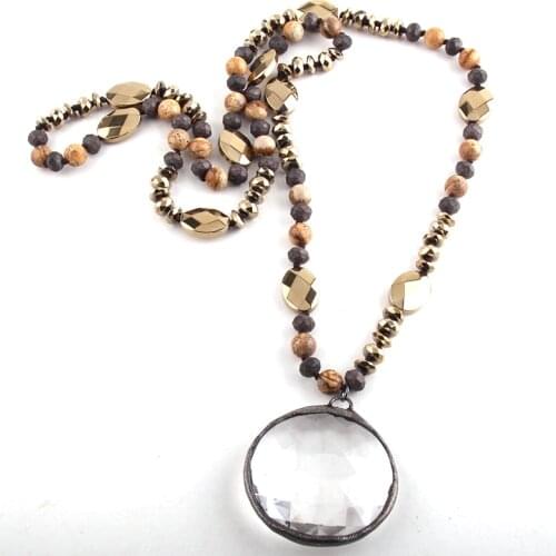 Fashion Bohemian Tribal Jewelry 8mm Lava/Brown Stone Knotted Glass Drop Pendant Necklaces For Women
