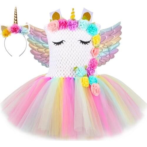 New Girl Unicorn Tutu Dress Outfit Rainbow Flowers Tulle Kids Princess Dress for Girls Birthday Party Halloween Unicorn Costume