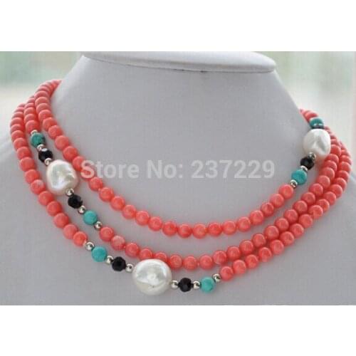 Wholesale price^^6mm round pink coral blue stone baroque white freshwater pearl necklace 50inch