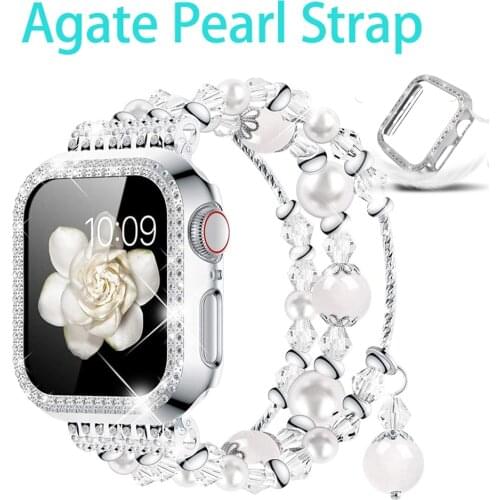 Link Bracelet Strap for Apple Watch Series 6 5 4 SE 3 Band 38mm 42mm Elastic Strap for Iwatch 44mm 40mm Women Agate Pearl Bands