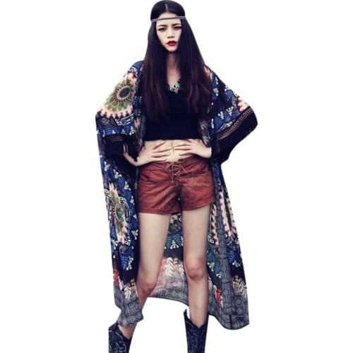 Vintage Sexy Women Chiffon Blouse Tops Kimono Tassel Long Cardigan Casual Floral Outwear