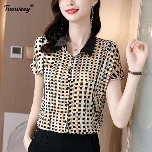 Femme Plus Size Vintage Ladies plaid Blusas Women Chiffon Blouse Summer Print Tunic Casual Middle short Sleeve Tops Lady Blusa
