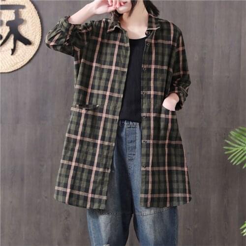 2020 Spring New Arts Women Loose Casual Long Shirt Cotton Linen Vintage Plaid Turn-down Collar Blouses Tops Femme Blusas M318