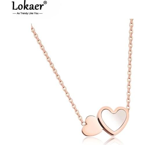 Lokaer Romantic Stainless Steel Sweet Shell Love Double Heart Pendant Necklaces Rose Gold Wedding Neckalce For Women N17068
