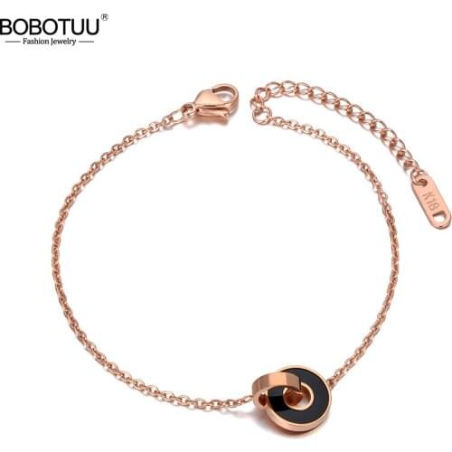 BOBOTUU Fashion 316L Stainless Steel Double Circle Charm Bracelets For Women Bohemia Black Shell Party Bracelet Jewelry BB20156