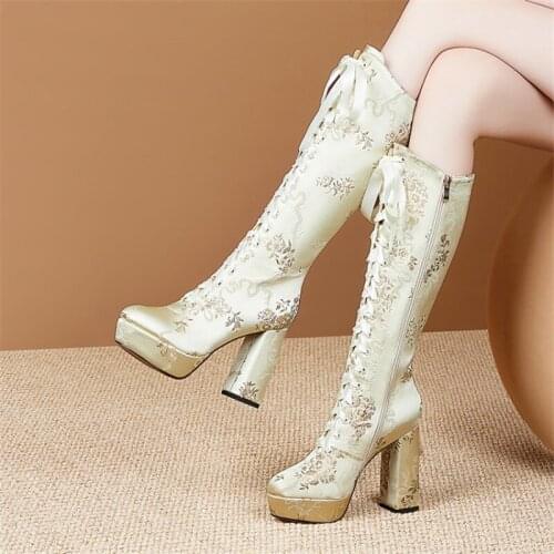 PXELENA Embroider Ethnic Real Silk Mid Calf Boots Women Platform Block Chunky High Heels Lace Up Riding Knight Punk Gothic Shoes