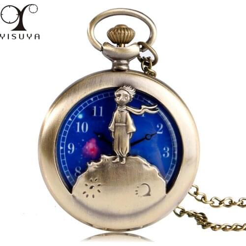 Bronze Little Prince Blue Starry Dial Quartz Pocket Watch Retro Necklace Pendant Kids Antique Watches Boy Girls Gifts