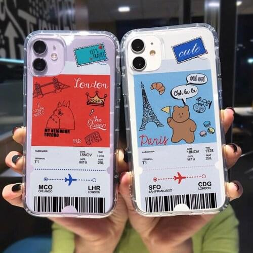 JAMULAR Cute Totoro Bear Air Ticket Label Phone Case For iPhone 11 Pro 12 XS MAX 7 XR X SE2020 8Plus Clear Soft TPU Cover Fundas