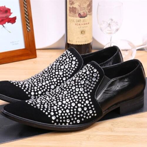 Christia Bella Man Plus Size Pointed Toe Rhinestone Shoes Fashion Male Suede Leather Splicing Real Leather Shoes Party Men Shoes