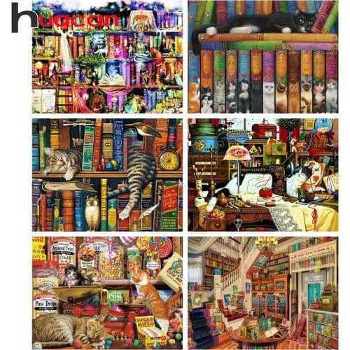 Huacan DIY Diamond Painting 5D House Bookshelf Full Square Drill Diamond Embroidery Sale Cat Needlework Craft Kit Home Decor
