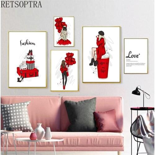 Fashion Wall Art Print Canvas Painting Girl Red Flower Letter Poster Makeup Perfume Picture Modern Home Room Decor