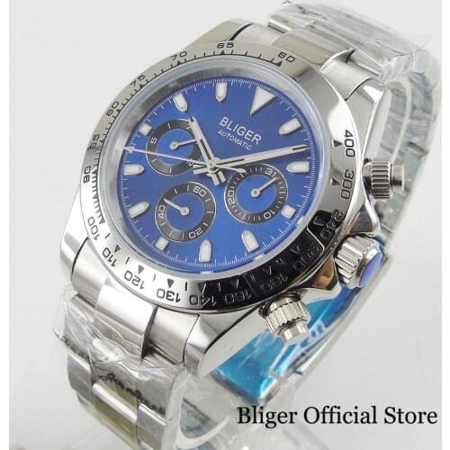 BLIGER Brand Blue Dial Auto Date Week Function Autoatic Mens Watch 39mm Wristwatch