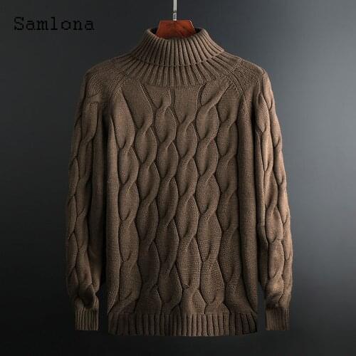 Samlona Men Knitting Sweater Autumn Long Sleeve Turtleneck Top Casual Pullovers Fashion Pleated Sweaters Sexy Mens Clothing 2021