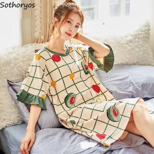 Women Nightgown Summer Cotton Soft Thin Breathable Short Sleeve Sleepshirts Female Print Leisure Stretchy Loose Lovely Homewear