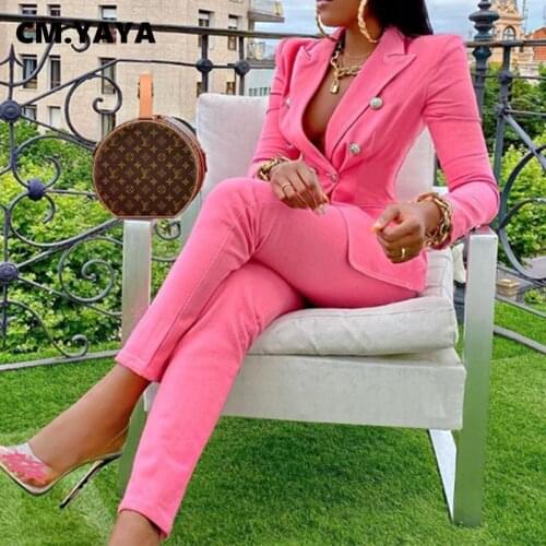 CM.YAYA Autumn Winter Streetwear Womens Set Long Sleeve Blazer Pants Suit Office Lady Tracksuit Two Piece Set Fitness Outfits