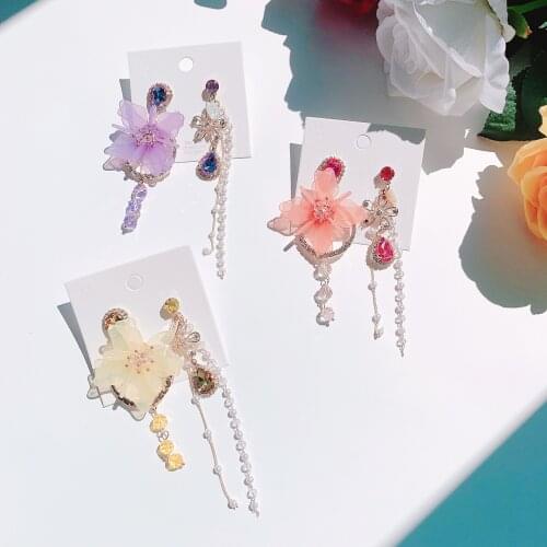 Korean Luxury Asymmetric Flower Crystal Drop Earrings For Women Girls Elegant Pearl Tassel Party Jewelry