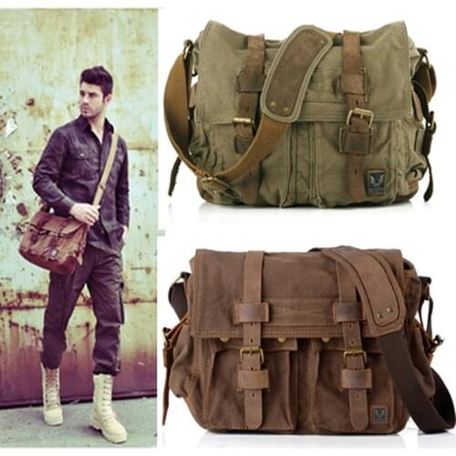 2020 Retro Vintage Cotton Canvas Leather Mens Messenger Bag Shoulder Bag Military Canvas Crossbody Bag Men Casual Bag Free ship