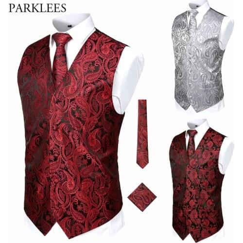 Wedding Men Vest Set (Vest+Necktie+Pocket) 3pcs Men Gilet Paisley Floral Waistcoat Men Party Casual Slim Fit Mens Suit Vests USA