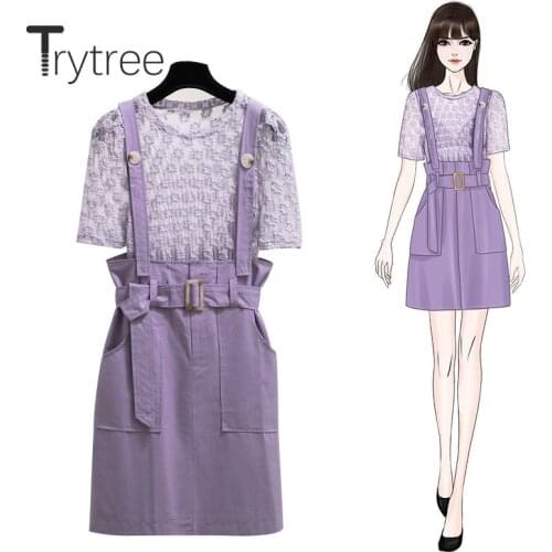 Trytree 2020 Summer Women Two Piece Set Casual O-neck Lace Print Tops + Sling Dress Solid Pockets Belt 2 Color Set 2 Piece Set