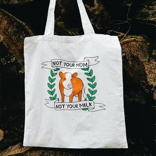 Vegan cow graphic funny slogan women fashion tote bags Canvas bag shopping bags Travel bag Cosmetic bag handbag with zipper