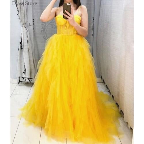 Yellow Prom Dresses 2020 Summer Tulle Spaghetti Strap Sweetheart Neck A-line Tiered Illusion Evening Dress коктейльные платья