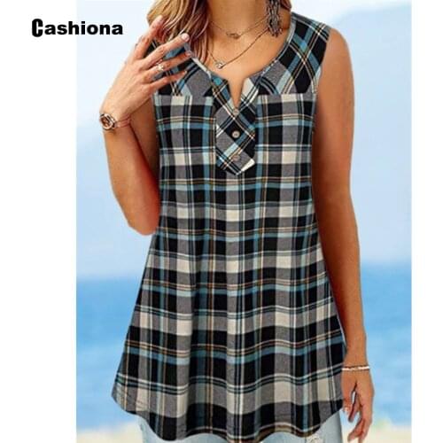 Plus size 4xl 5xl Women Elegant Leisure Casual T-shirt Sleeveless Model Plaid Print Womens Top 2021 New Summer Tees shirt Femme