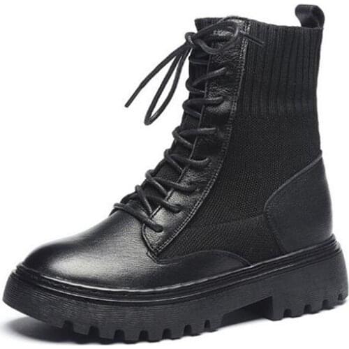 Cross Strap Elastic Fabric Cowhide Splice Autumn Boots Women Shoes Knight Boots Thick Bottom Thick Heel Martin Boot Women Boots