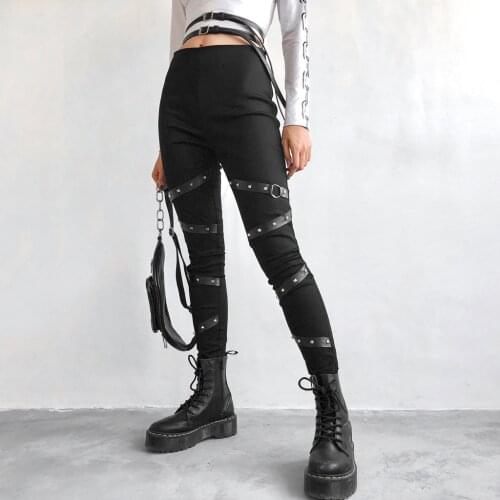 Women Pants Solid Gothic Punk Casual Loose Elastic Trousers Harajuku Pockets Rivet Full Pants Pantalones De Mujer Pantalon Femme
