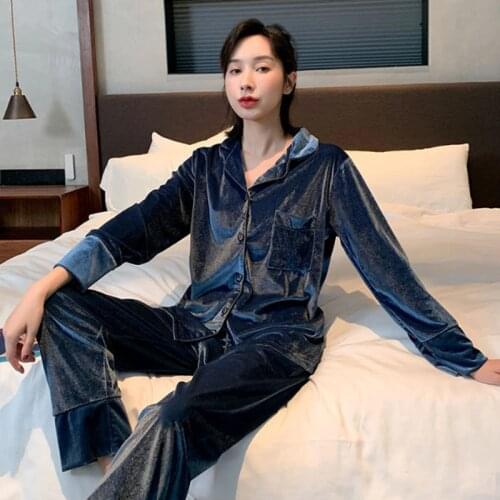 Gold velvet pajamas womens autumn and winter fashion cardigan long-sleeved trousers two-piece loose sexy home service