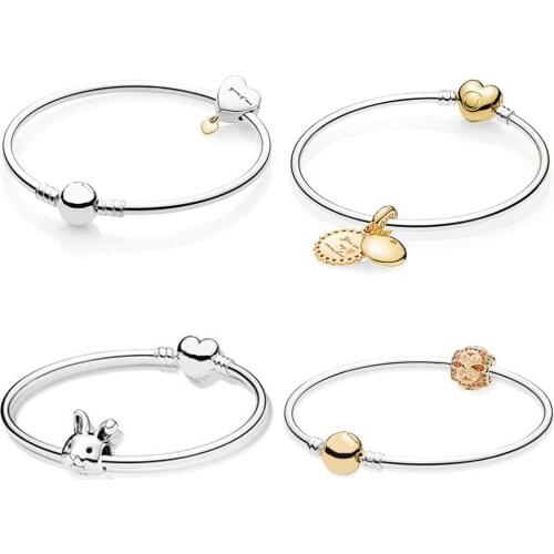 2019 NEW 100% 925 Sterling Silver SHINE SUNSHINE HANGING GOLD COLOUR FRESCO Bead Twee Harten Rabbit Charm Heart Shape Bangle Set